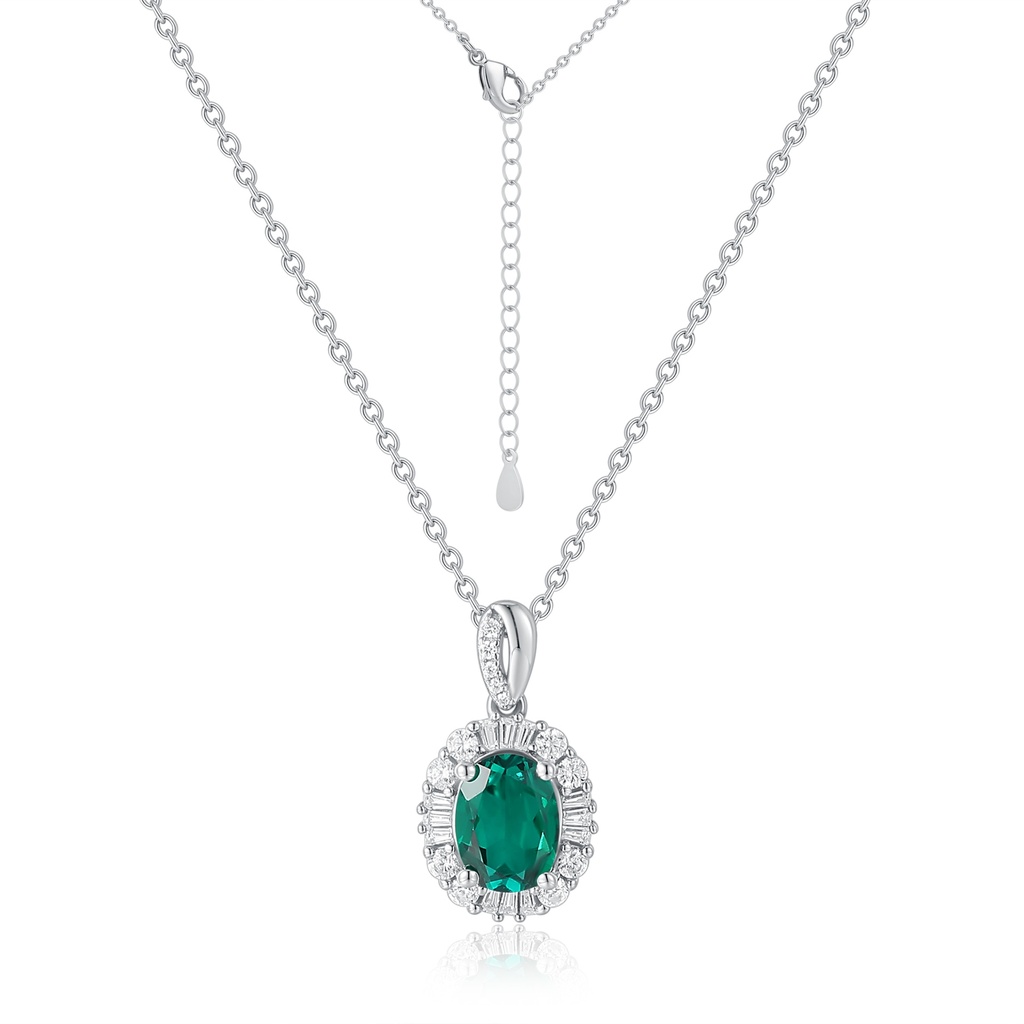 Stainless Steel Oval Green Gemstone Necklace with Crystal Halo