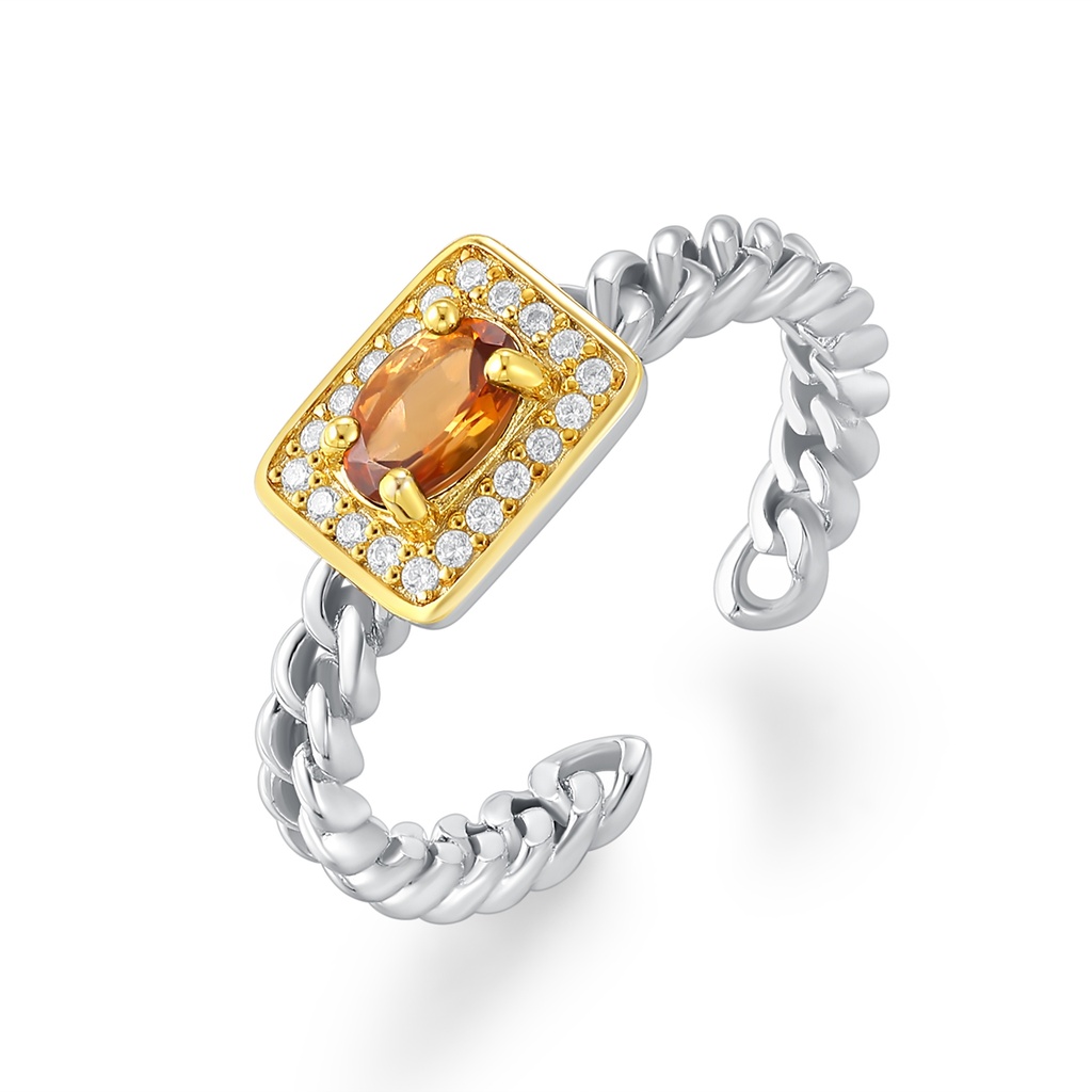 Adjustable Silver Chain Ring with Orange Gemstone and Crystals