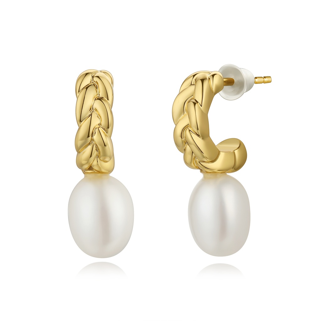 Braided Gold Hoop Earrings with Drop-Shaped Freshwater Pearls
