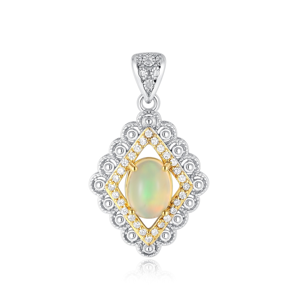 Stainless Steel Pendant with Oval Opal and Diamond-Inspired Frame