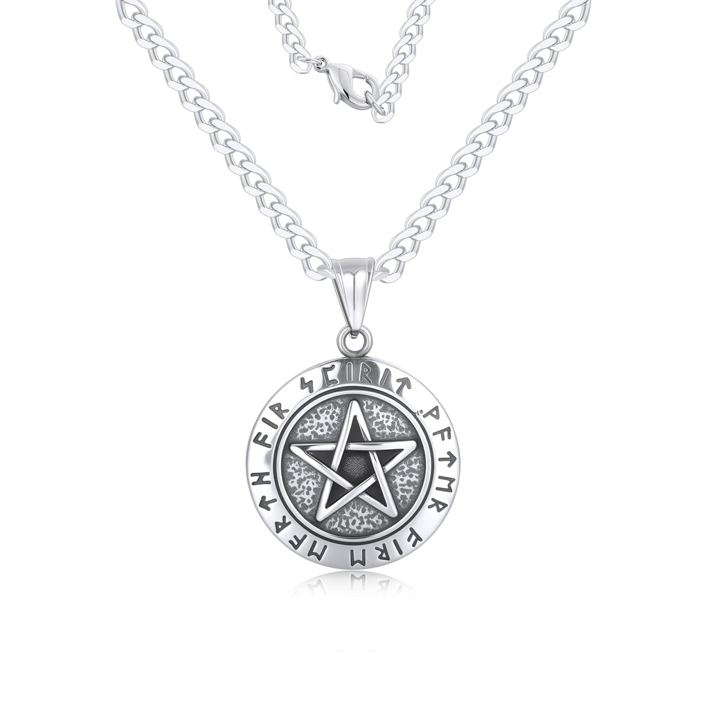Stainless Steel Pentagram Pendant Necklace with Engraved Rune Circle