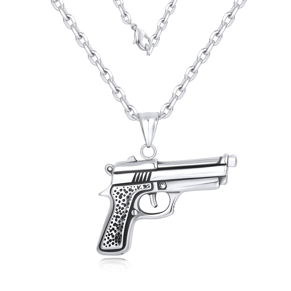 Stainless Steel Pistol Pendant Necklace, Silver-Tone Statement Chain, Unisex Style