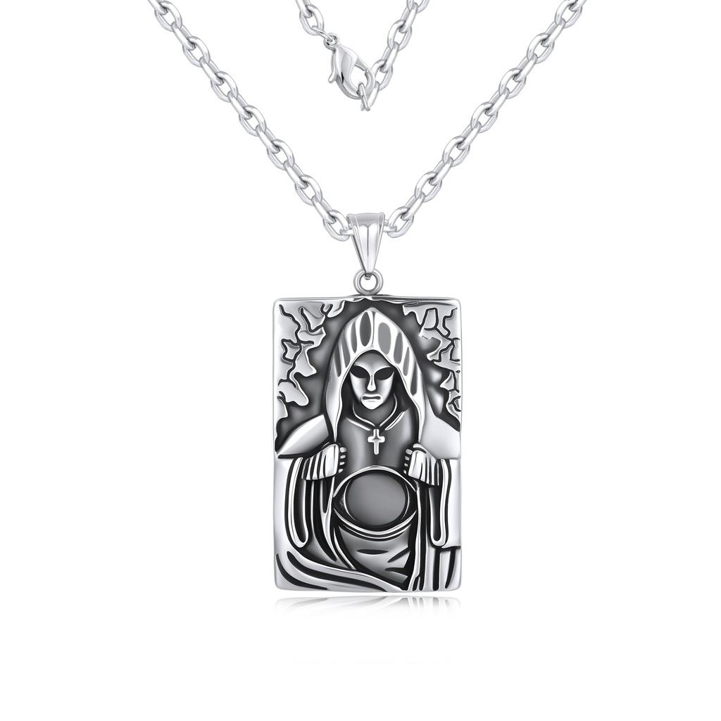 Stainless Steel Rectangular Pendant with Hooded Figure Gothic Design
