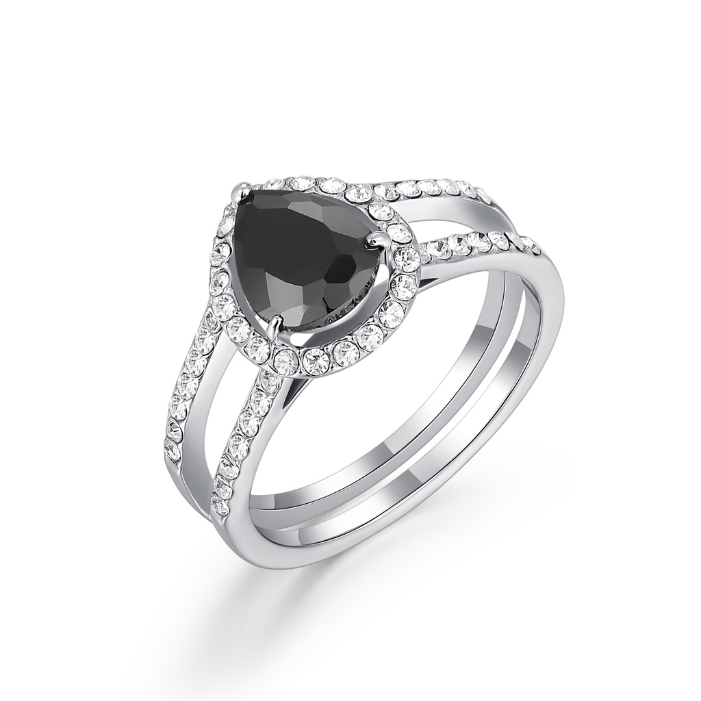 Stainless Steel Ring Set with Black Heart Stone and Crystals