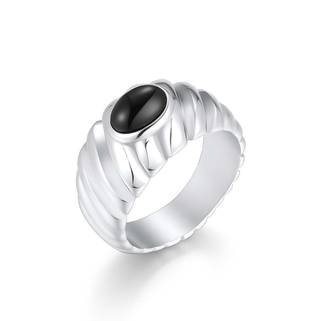 Stainless Steel Ring with Black Onyx-Inspired Center Stone