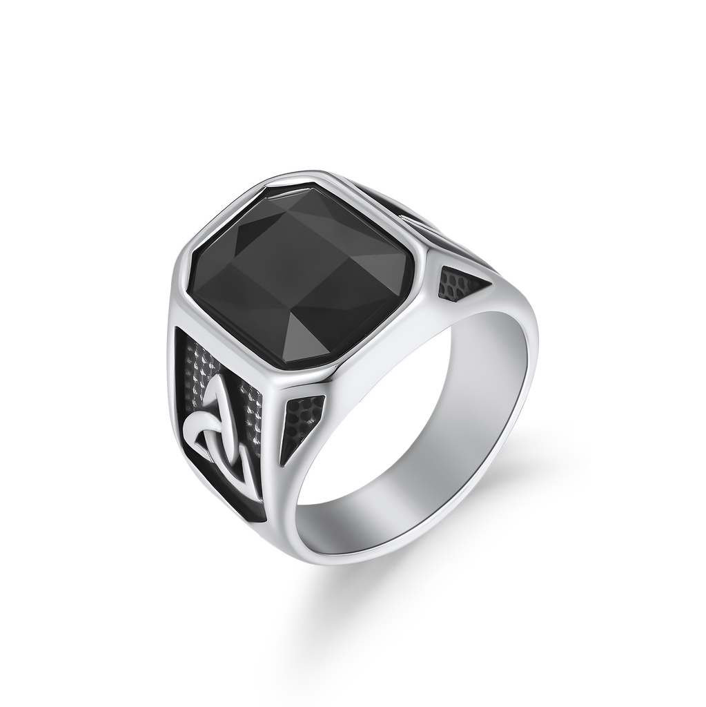 Stainless Steel Ring with Black Square Stone and Celtic Knot