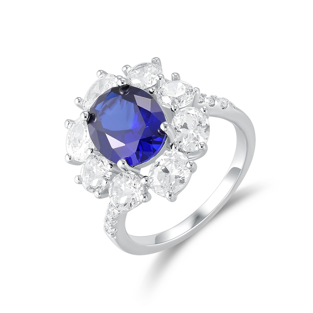Stainless Steel Ring with Blue Center Stone and Halo