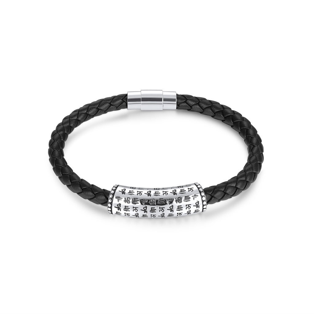 Braided Leather Bracelet with Stainless Steel Scripted Barrel Charm