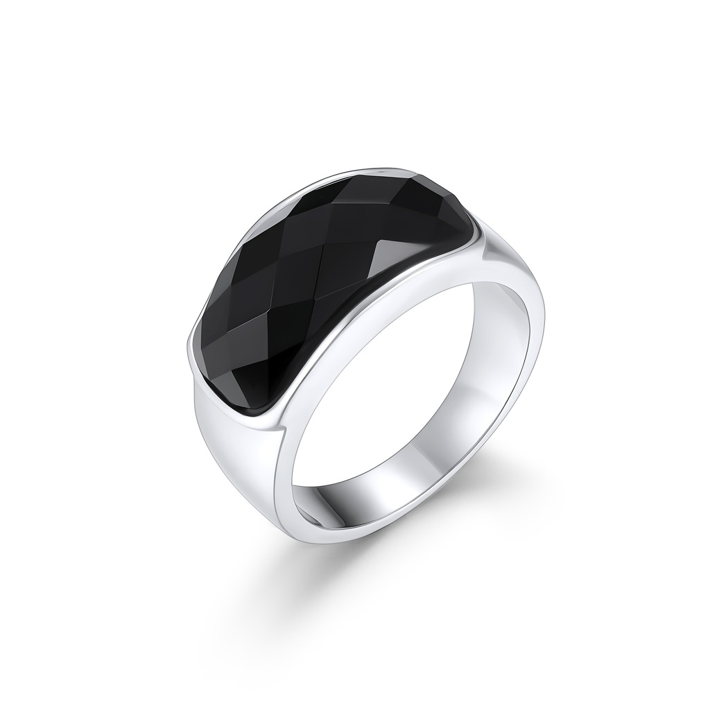 Stainless Steel Ring with Bold Black Faceted Gemstone Design