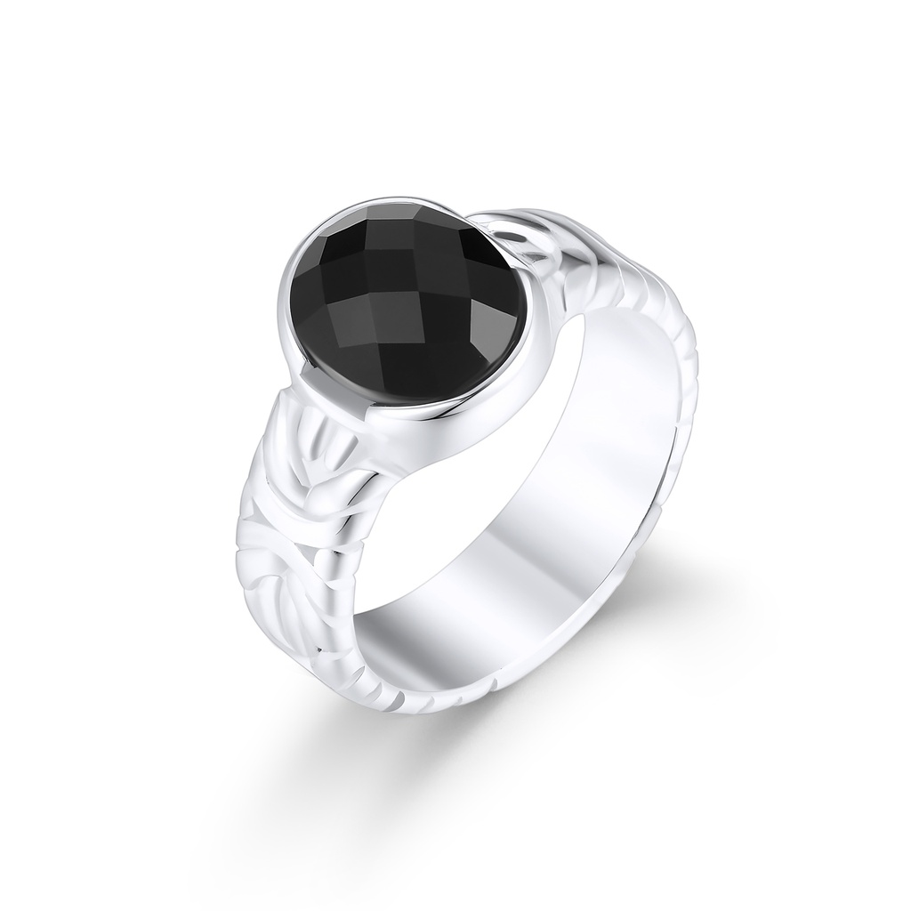 Stainless Steel Ring with Faceted Black Stone and Carved Band