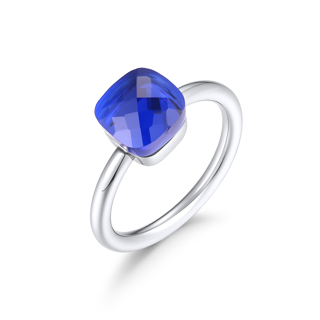 Stainless Steel Ring with Faceted Cushion-Cut Blue Crystal Stone