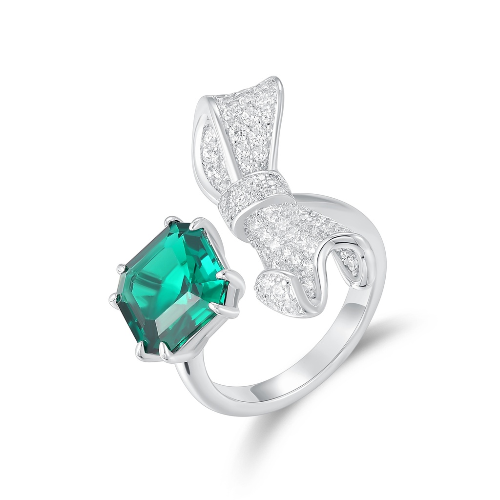 Stainless Steel Ring with Green Gemstone and Crystal Bow Design