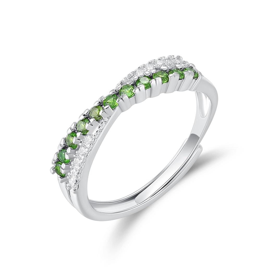 Stainless Steel Ring with Green and Clear Crystal Accents