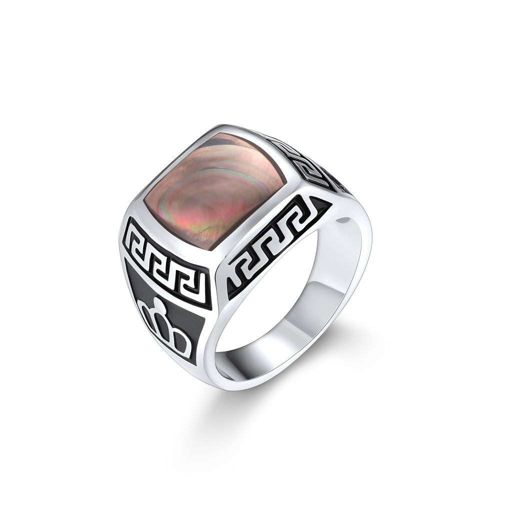 Stainless Steel Ring with Iridescent Stone and Crown Motif