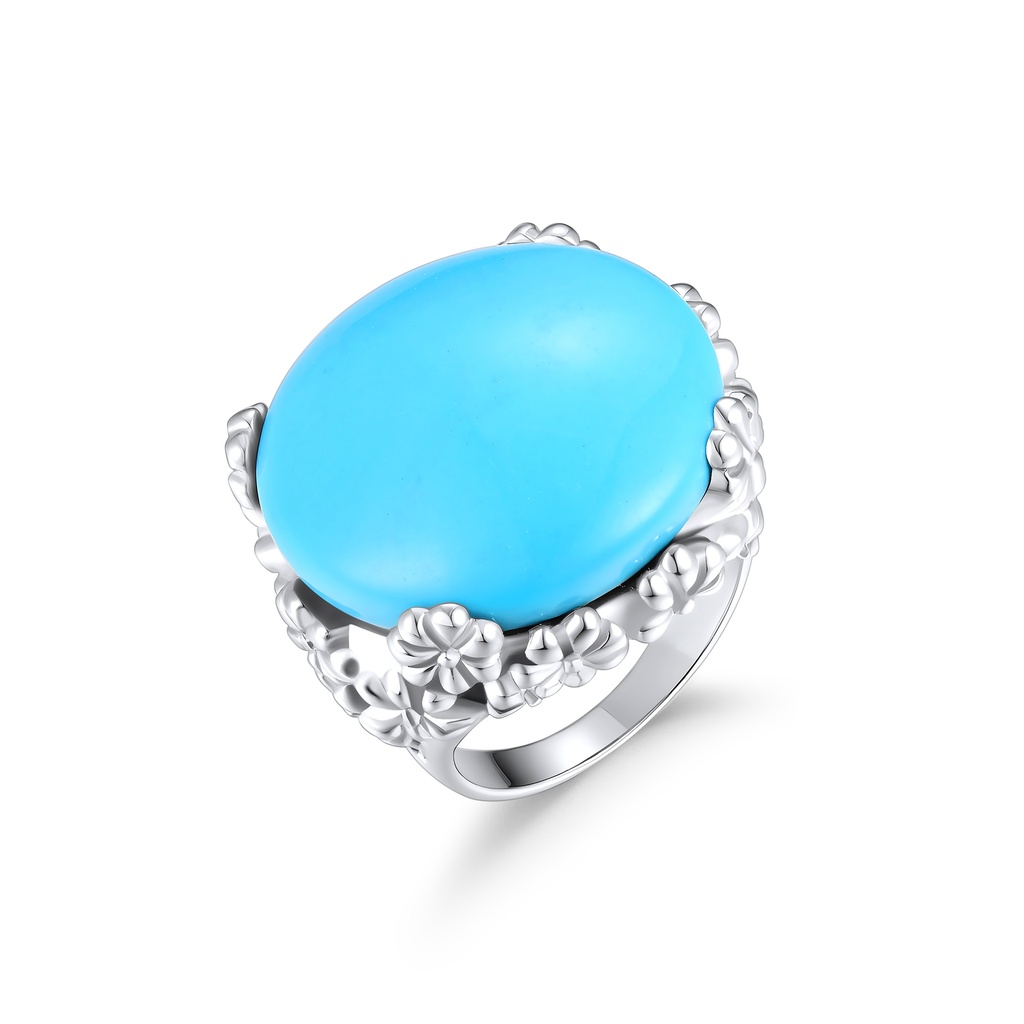 Stainless Steel Ring with Large Oval Blue Stone and Floral Accents