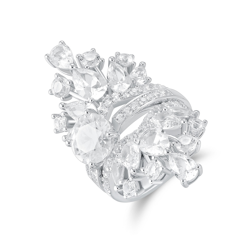 Stainless Steel Ring with Leaf-Inspired Clear Crystal Design