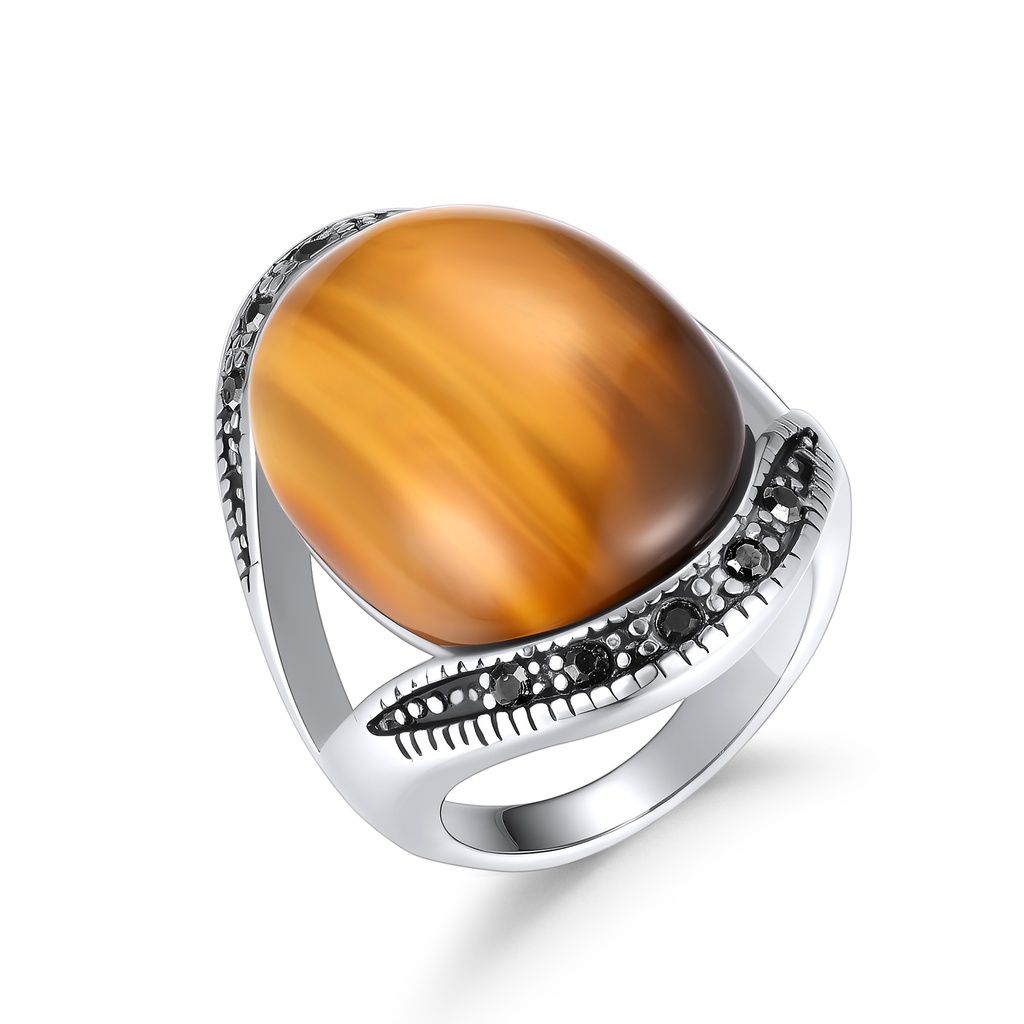 Stainless Steel Ring with Oval Amber Stone and Black Accents