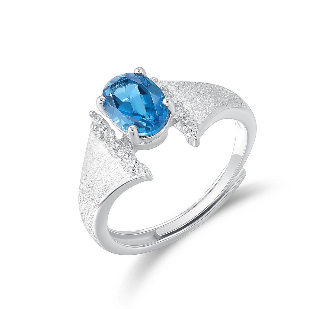 Stainless Steel Ring with Oval Blue Crystal and Accents