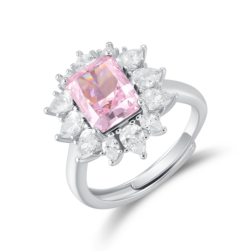 Stainless Steel Ring with Pink Emerald-Cut Gem and Halo