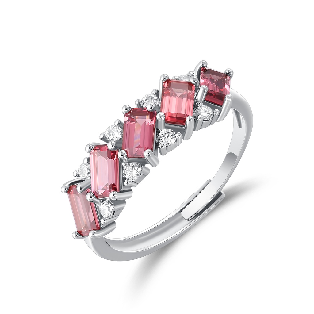 Stainless Steel Ring with Pink Emerald-Cut and White Crystals