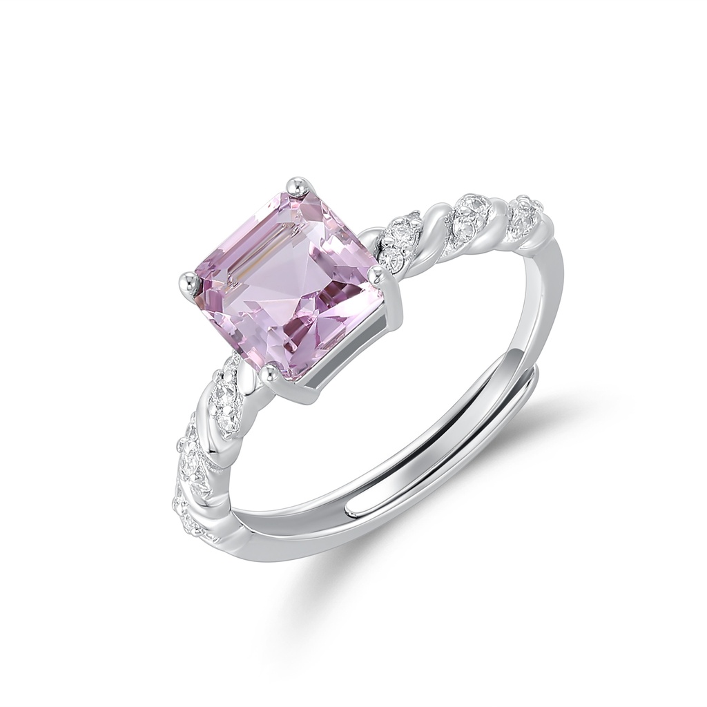 Stainless Steel Ring with Pink Square Gemstone and Sparkling Accents