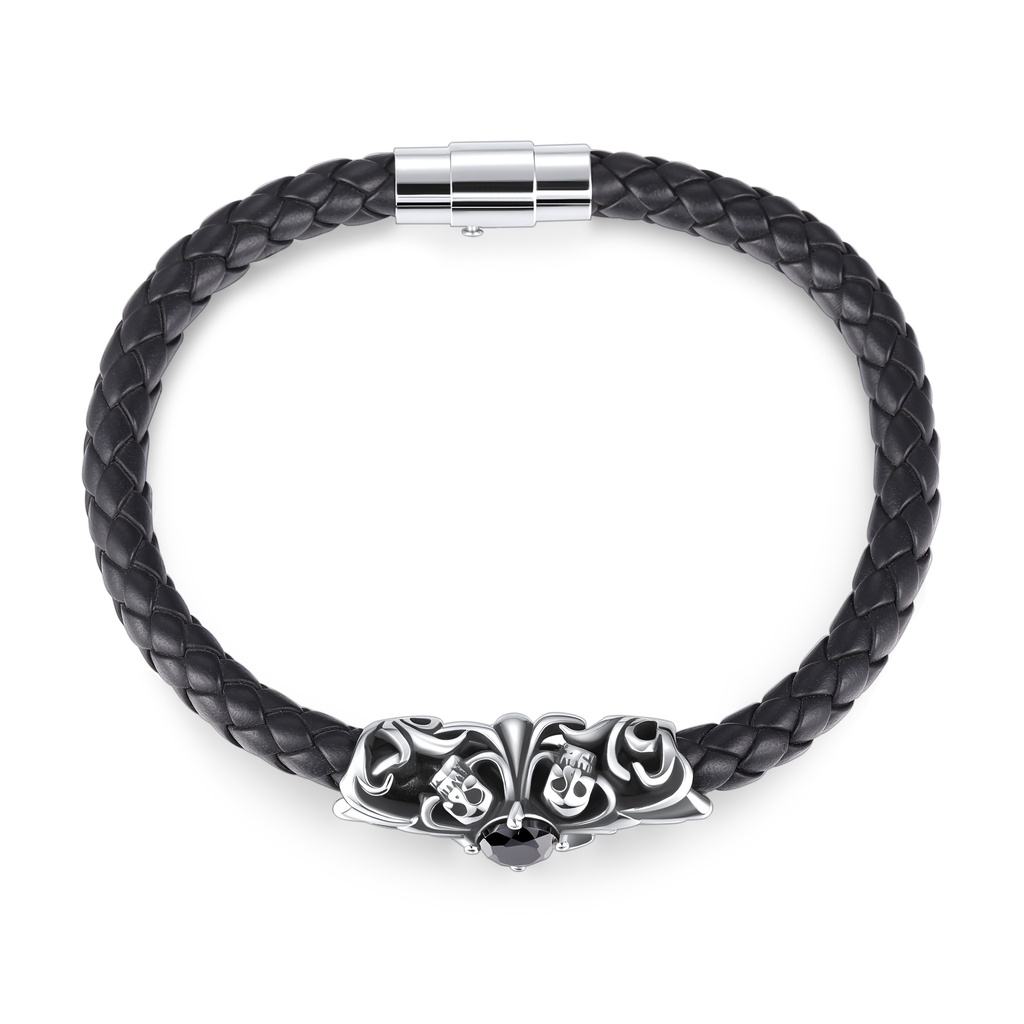 Braided Leather and Stainless Steel Gothic Bracelet with Skull Accents
