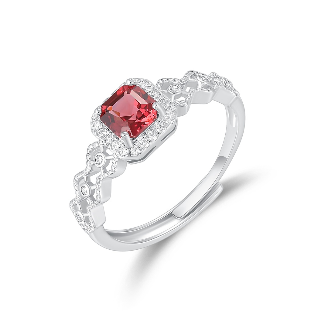 Stainless Steel Ring with Red Cushion Crystal and Filigree Band