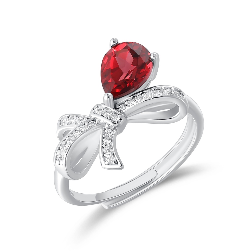 Stainless Steel Ring with Red Teardrop Crystal and Bow