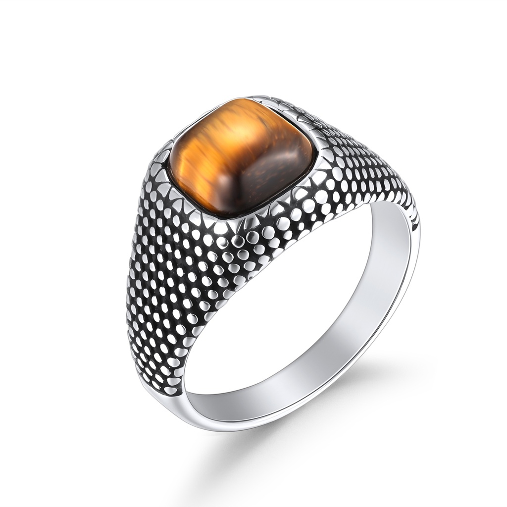 Stainless Steel Ring with Tiger Eye Stone and Textured Design
