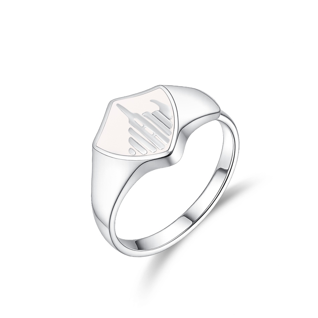 Stainless Steel Shield Signet Ring with Laser-Engraved Skyline Design