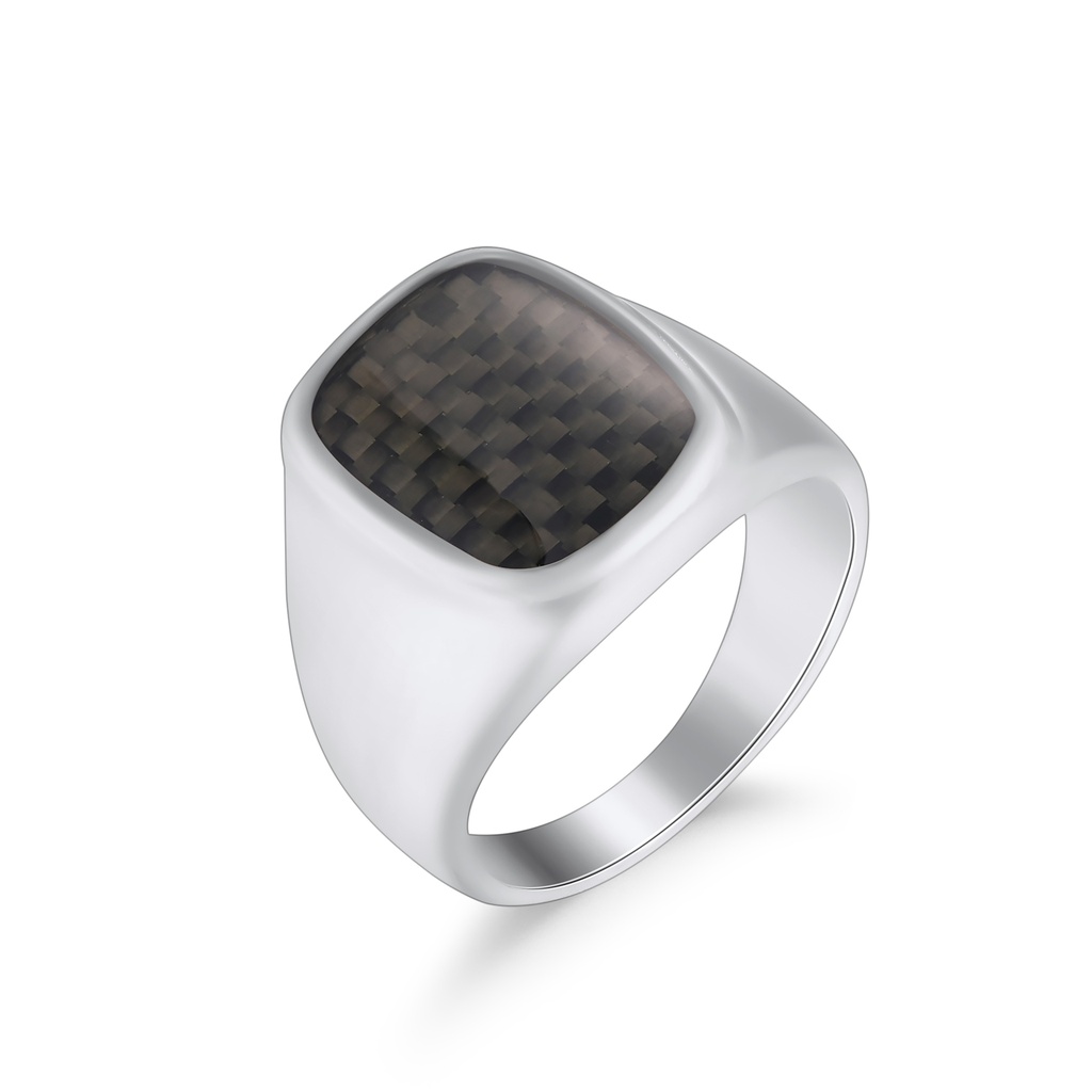 Stainless Steel Signet Ring with Black Carbon Fiber Inlay