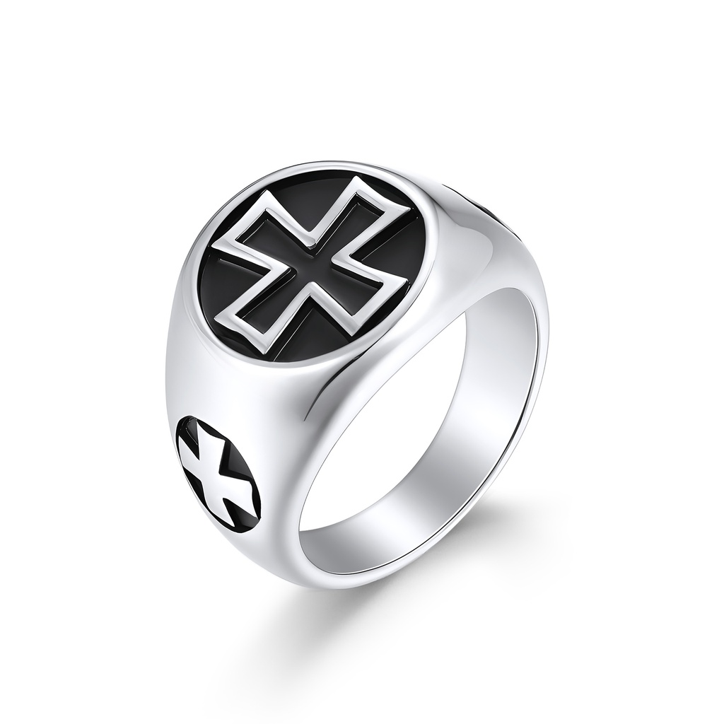 Stainless Steel Signet Ring with Bold Black Cross Design