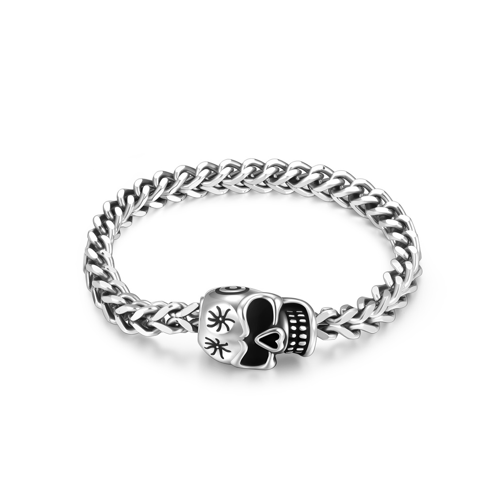 Stainless Steel Skull Chain Bracelet with Black Enamel Accents