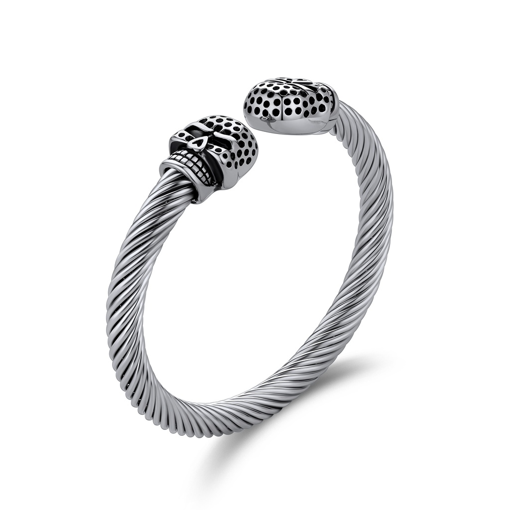 Stainless Steel Skull Cuff Bracelet with Twisted Cable Design