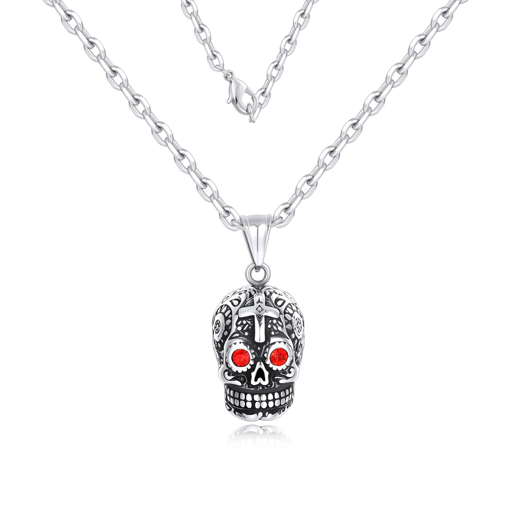 Stainless Steel Skull Pendant Necklace with Red Crystal Eyes