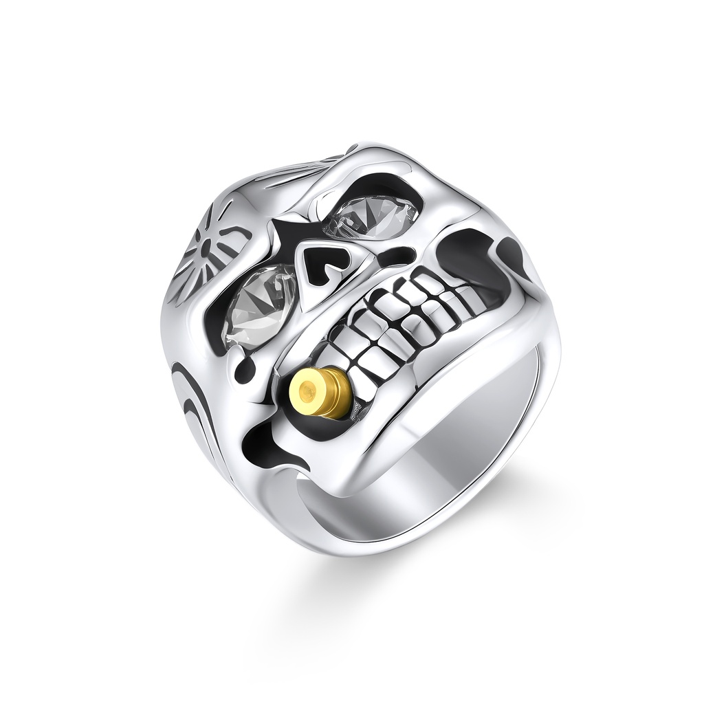 Stainless Steel Skull Ring with Crystal Eyes and Gold Cigar