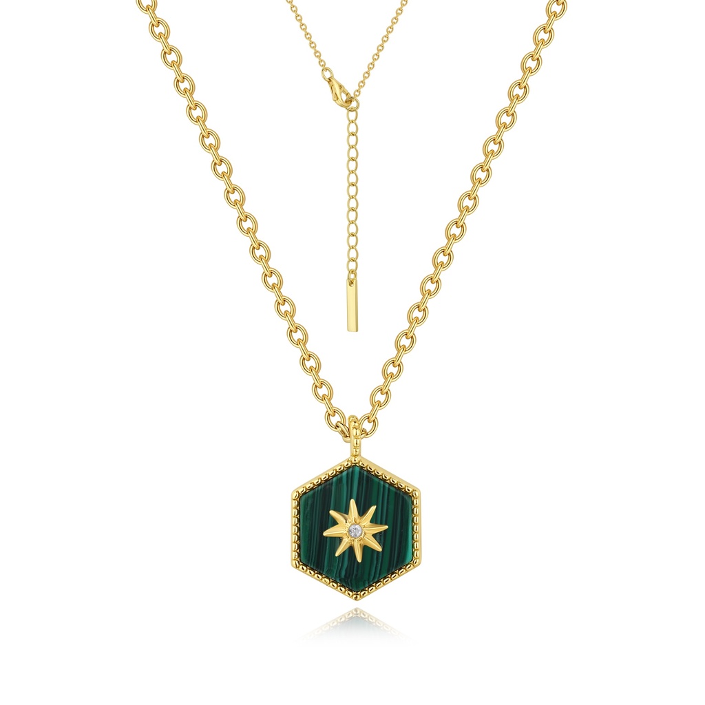 Brass chain necklace with green malachite and gold star charm