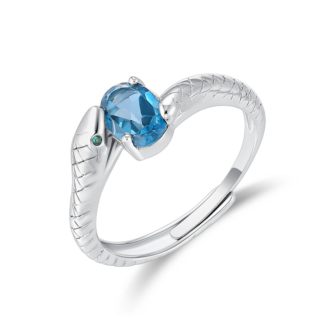 Stainless Steel Snake Ring with Blue Crystal and Detail