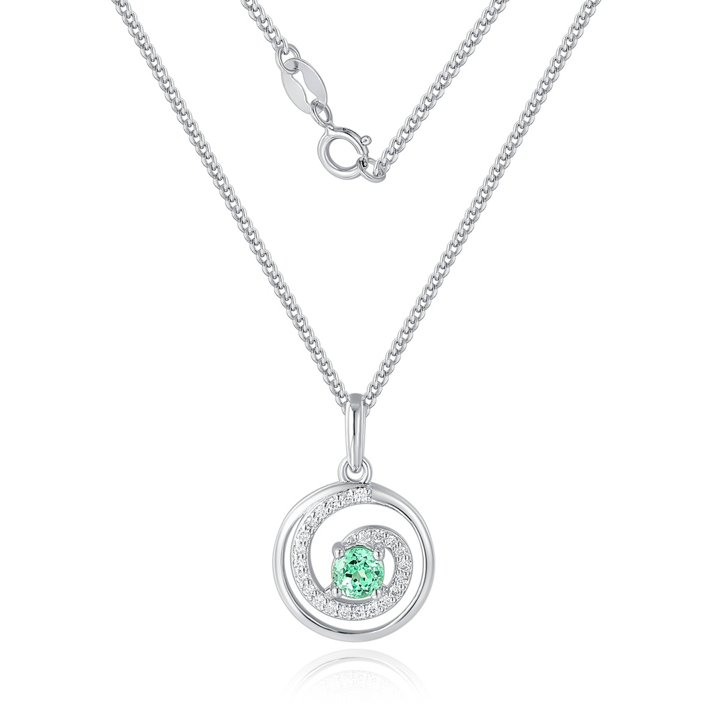 Stainless Steel Spiral Necklace with Green Gemstone and Crystals