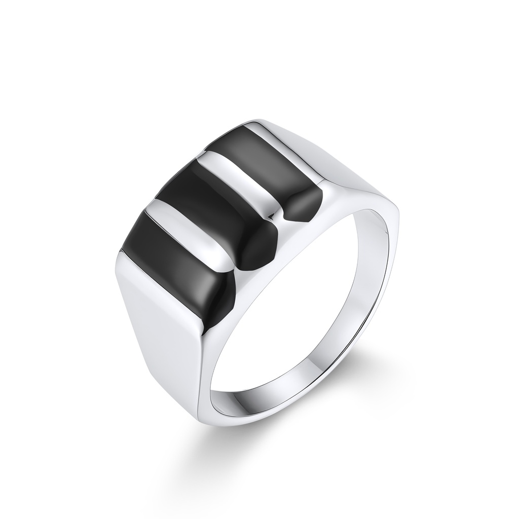 Stainless Steel Square Ring with Bold Black Stripe Design