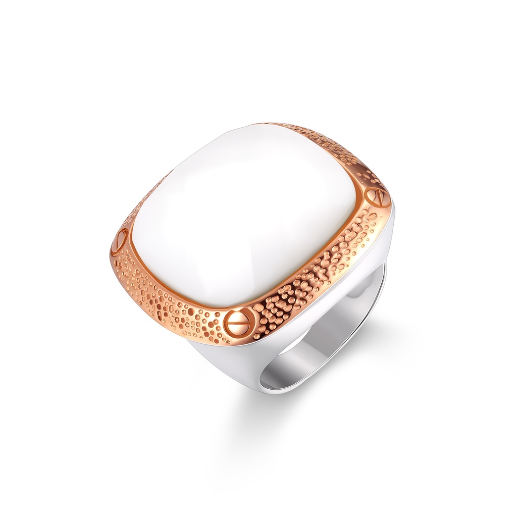 Stainless Steel Square Ring with White Stone and Gold