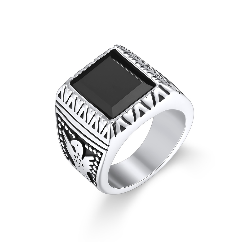 Stainless Steel Square Signet Ring with Black Stone Inlay