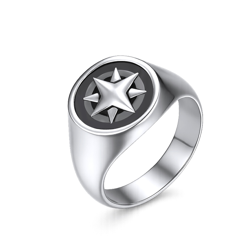 Stainless Steel Star Emblem Ring with Black Enamel Inlay