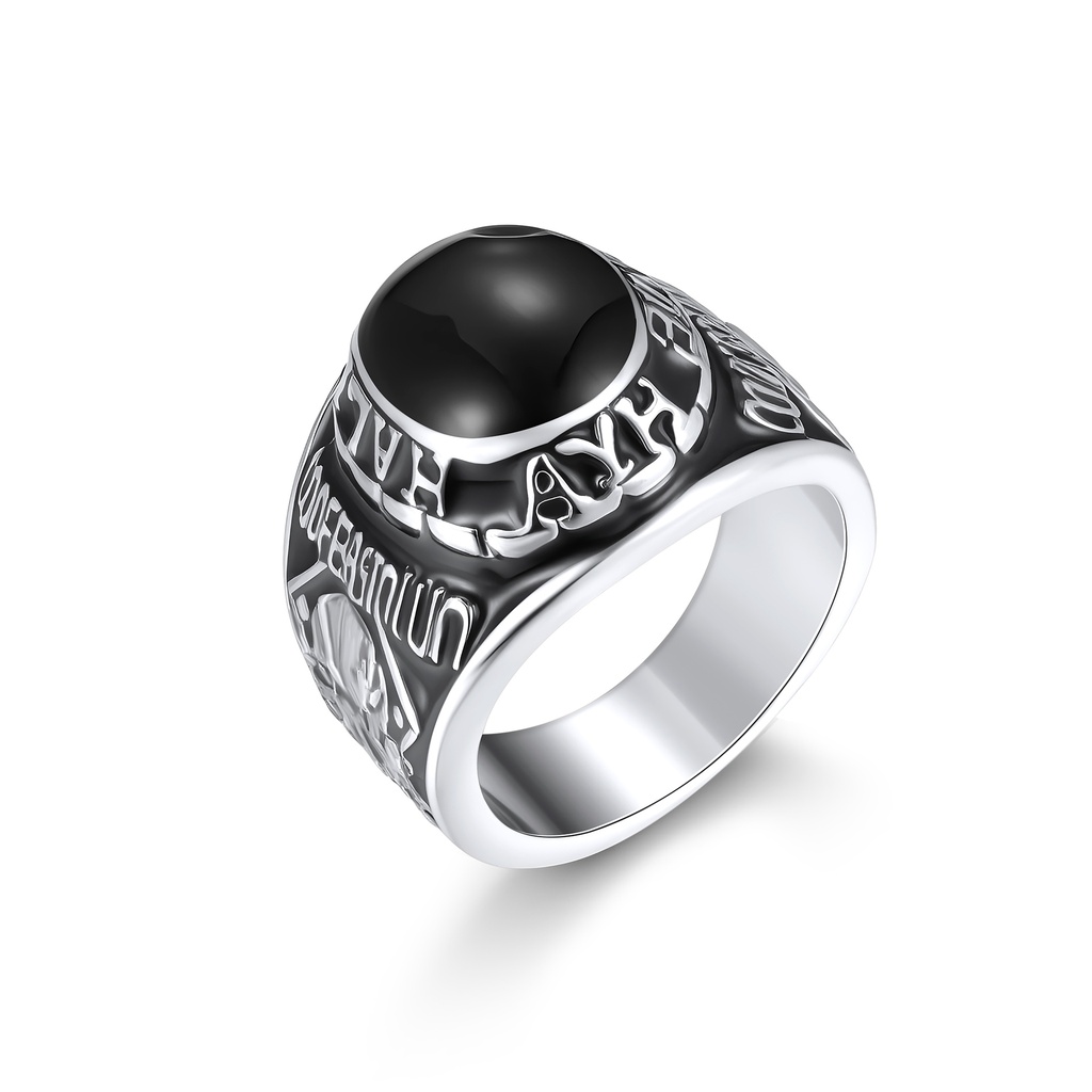 Stainless Steel Statement Ring with Black Stone and Engravings