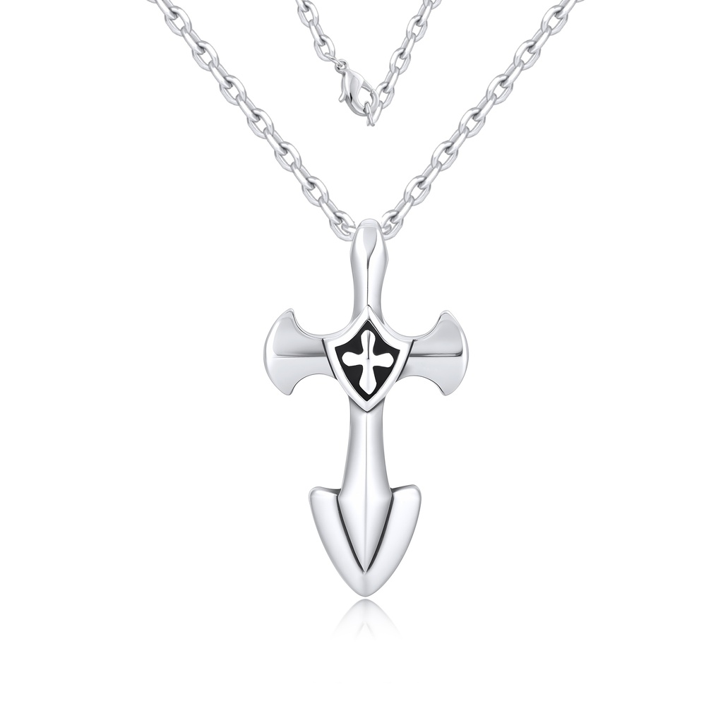 Stainless Steel Sword Cross Pendant Necklace with Shield Centerpiece