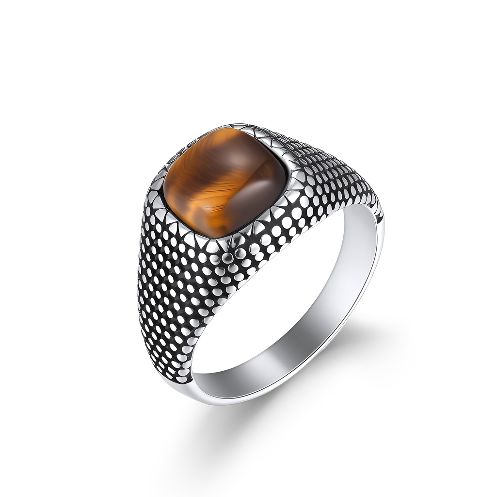 Stainless Steel Tiger Eye Stone Ring with Textured Design