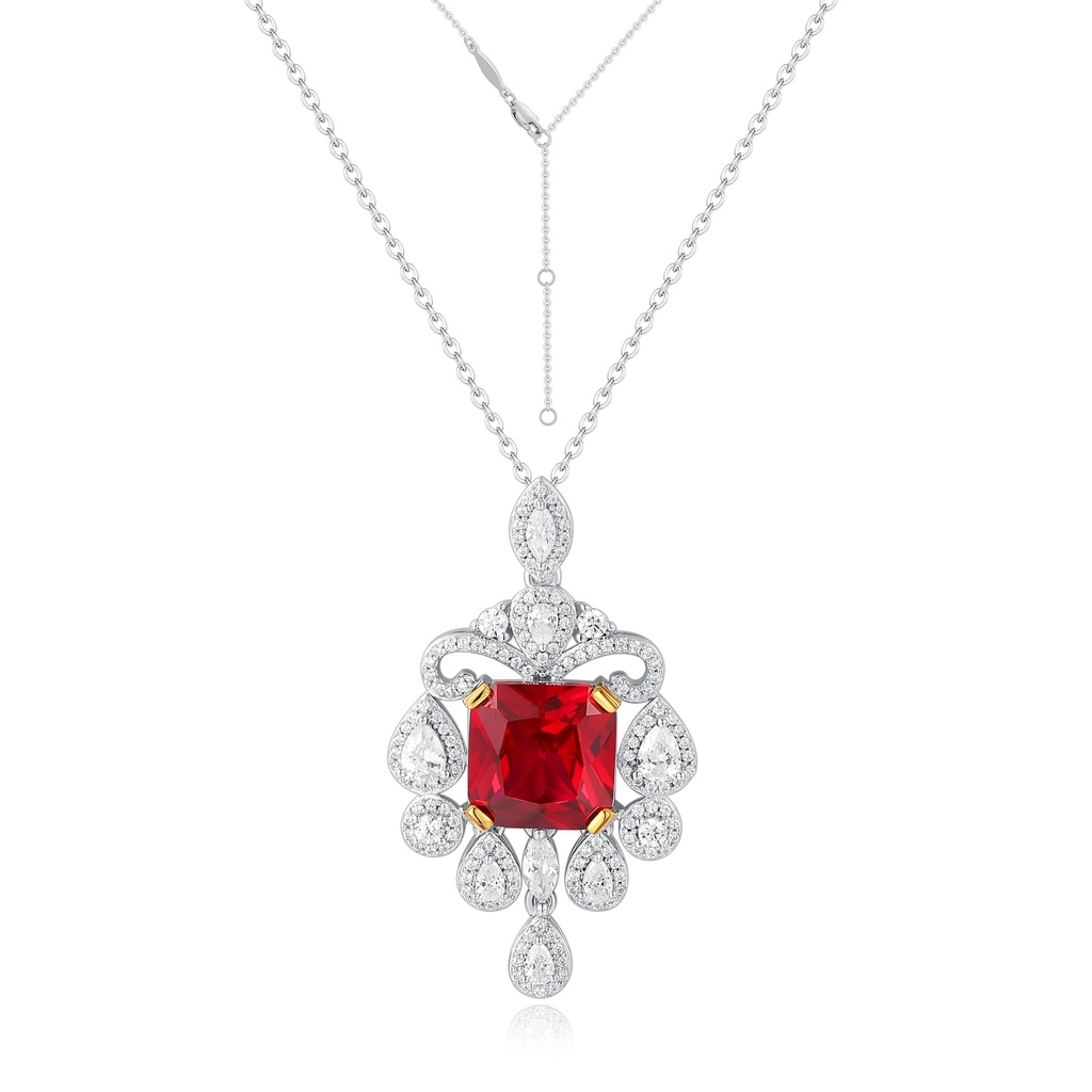 Stainless Steel Vintage Necklace with Red Square Gemstone and Crystals