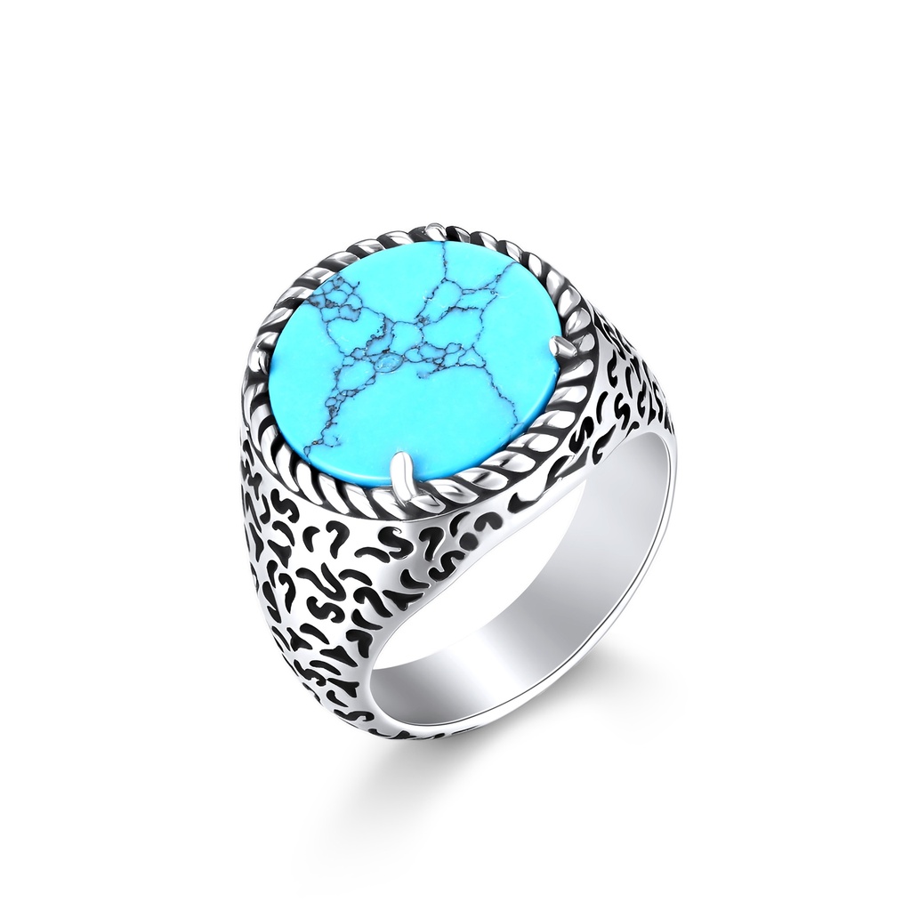 Stainless Steel Vintage Ring with Blue Turquoise Gemstone Inlay