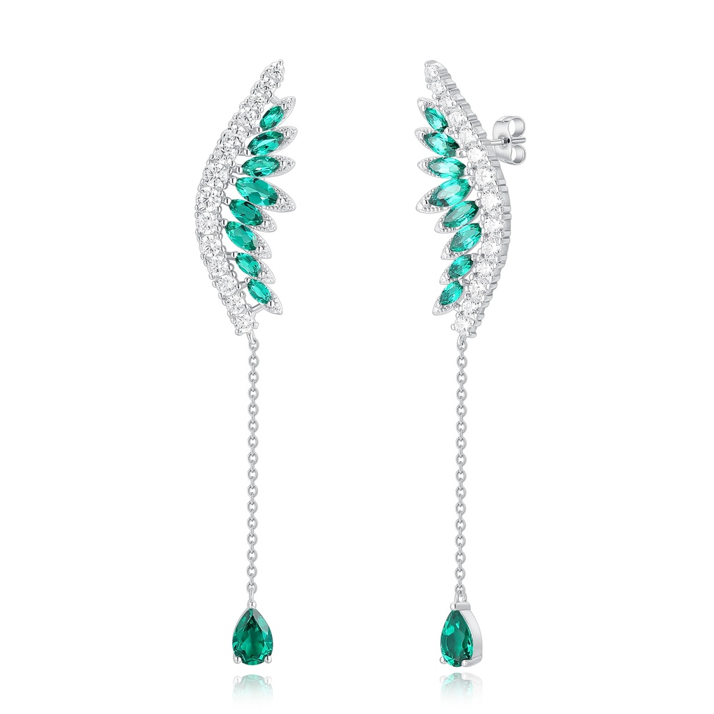 Stainless Steel Wing Earrings with Green and Clear Crystals