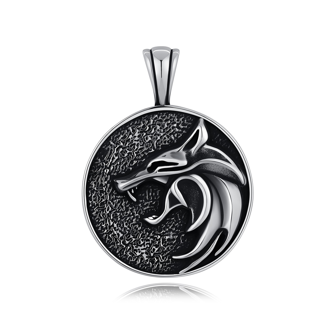 Stainless Steel Wolf Pendant Necklace with Textured Black Background
